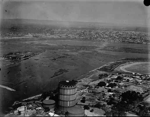 Aerial view of Burswood and East Perth Gas Works circa 1935