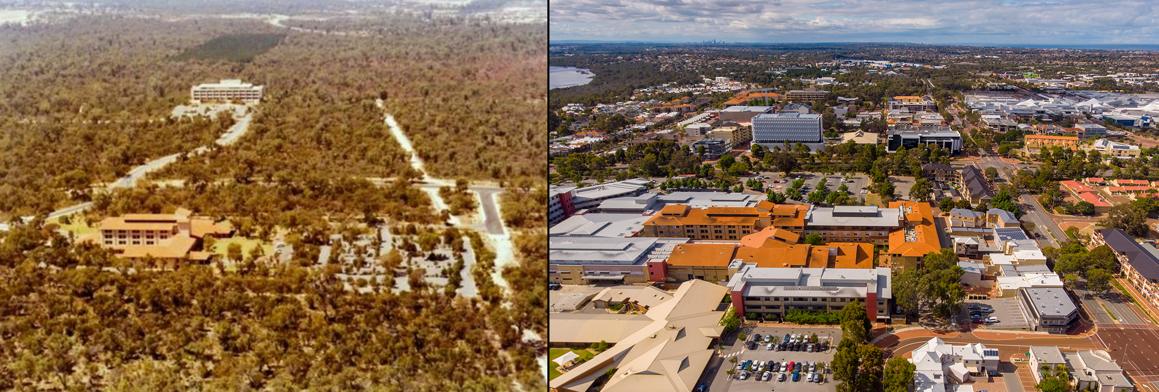 Comparison of Joondalup in the early 1980s versus 2018 showing dramatic suburban transformation